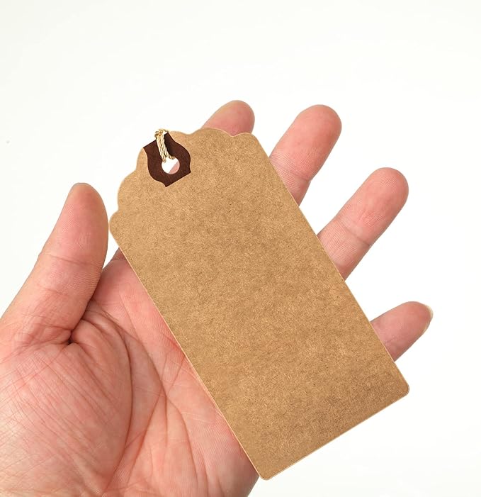 Outus 60 Pcs 4 3/4-in x 2 3/8-in Blank Large Paper Gift Tags with String and Reinforced Eyelet Wire Writable Price Tags Shipping Labels Inventory Labels(Brown)
