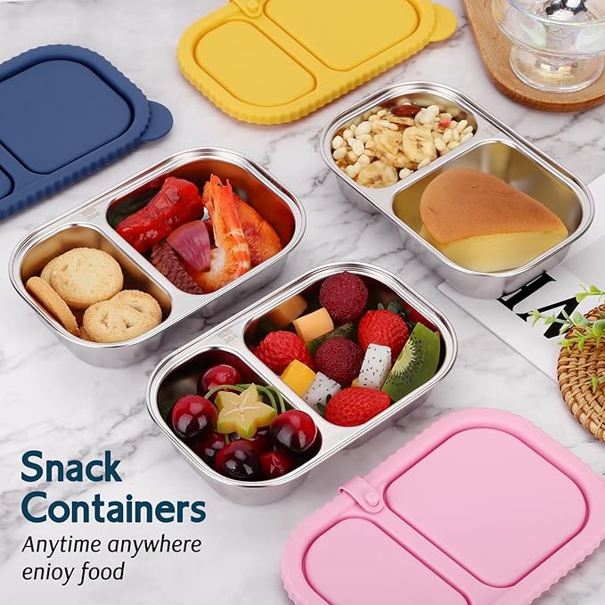 3 Pack Stainless Steel Snack Containers with Silicone Lids, Meal Prep Containers, Reusable 2 Compartment Food Storage Containers, Stainless Steel Box for School, Office, Travel