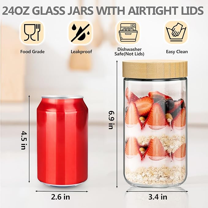 4 Pack 24oz Glass Jars with Bamboo Lids, Spoons, Airtight Overnight Oats Containers, Wide Mouth Mason Jars, Food Storage Container for Yogurt Salad Snacks Spice Sugar Meal Prep – Reusable