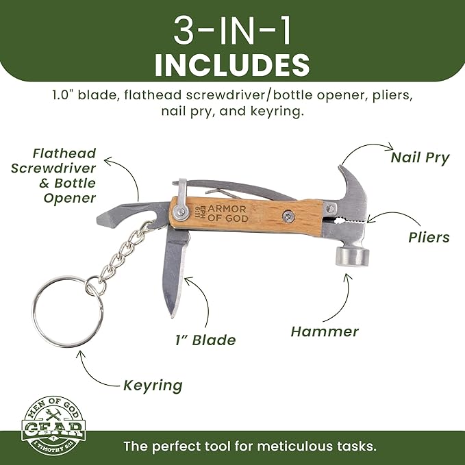 5-in-1 Hammer Keychain Multi-Tool - Laser-Engraved Armor of God, Eph 6:11 Scripture - Multitool Keychain Pliers with Opener, Nail Pry & More - Christian Pocket Tools For Men
