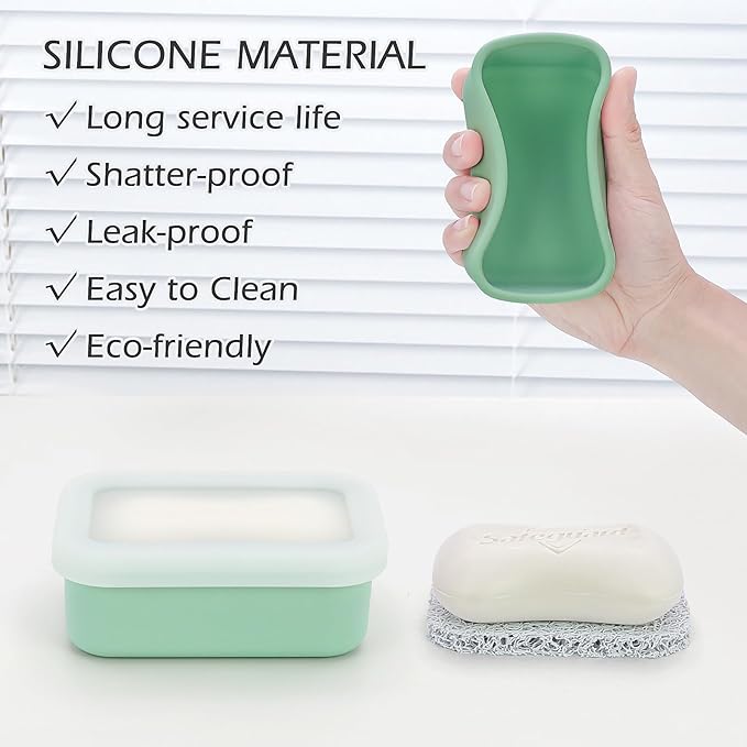 Leak Proof Silicone Travel Soap Case, Compact Portable Soap Holder with a Translucent lid That Lets You See The soap Inside, Bar Soap Container for Traveling, Camping, Gym (Clear&Green)