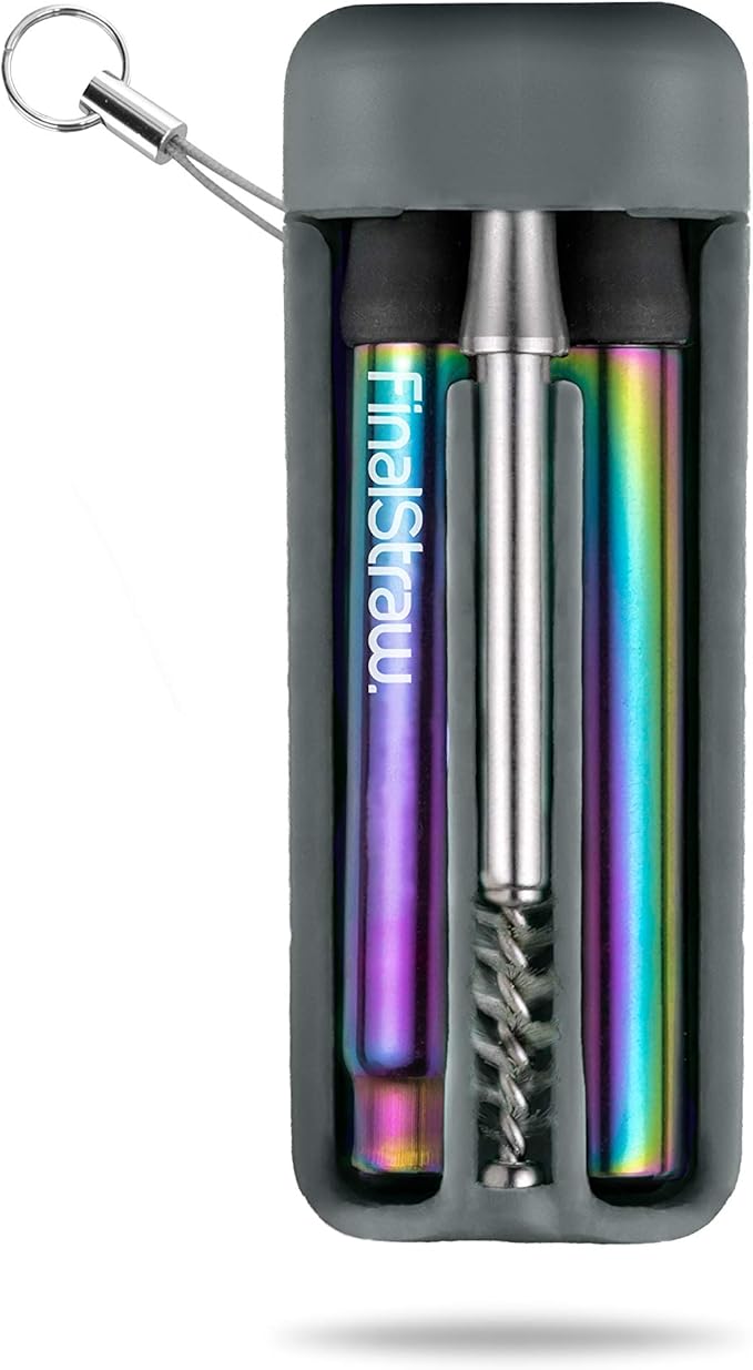 FinalStraw Collapsible, Reusable, Metal Straw | Travel Case, Cleaning Tool | Easy to Clean | Stainless Steel and 100% Silicon Tips | Eco-Friendly | Shark-butt Grey Case, Rainbow Stainless Steel