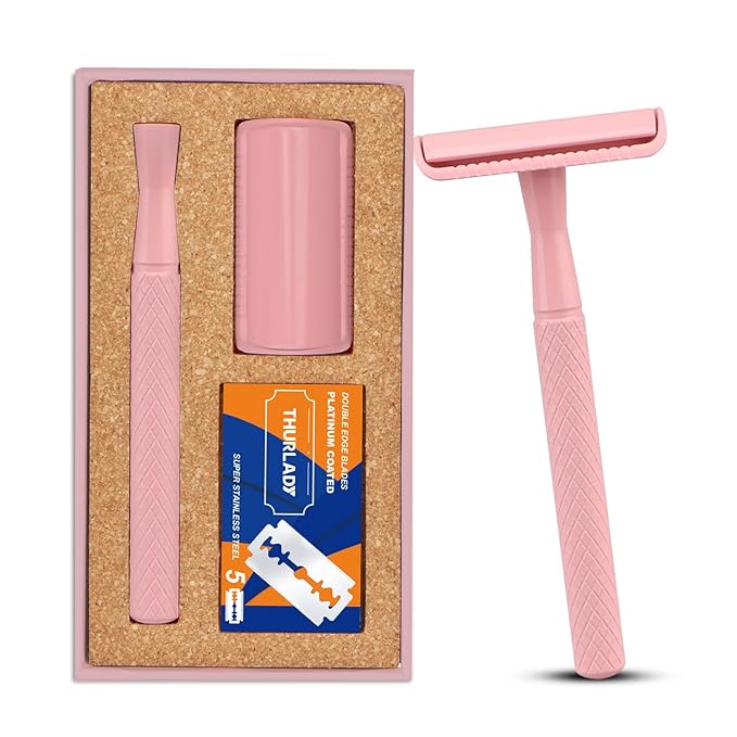 Cherry Pink Safety Razor - Single Blade Razors for Women - Reusable Metal Razor, with 5 Stainless Steel Double Edge Blades, Smooth Close Shave, Sustainable, Plastic Free