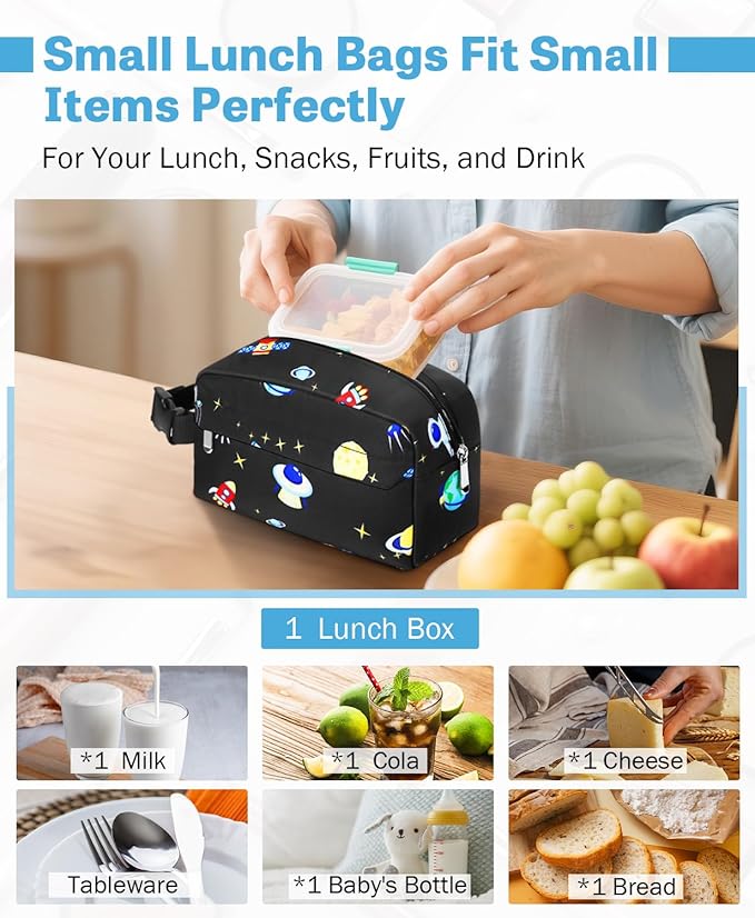 Small Insulated Snack Bag Lunch Box,Collapsible Reusable Small Lunch Bag with Snap Buckle Handle for Beach Travel Picnic,Planetary Astronauts 5-Can(3L)