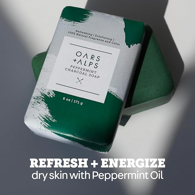 Oars + Alps Peppermint Charcoal Exfoliating Bar Soap for Men, Deep Cleaning & Exfoliating Soap, Made with Clean Ingredients, All Skin Types, Cruelty Free, Paraben Free, Travel Size, 1pk, 6oz