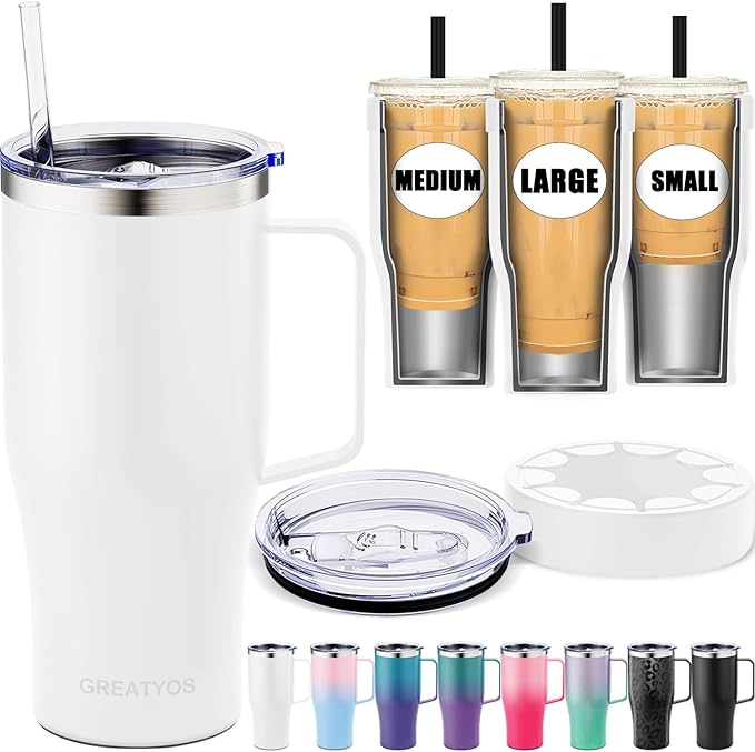 Universal Iced Coffee Sleeve with Handle - Insulated Double Wall Reusable Stainless Steel Holder Insulator for Cold Drinks Fits Small Medium Large To Go Cups Gifts for Men Women Him Her (White)