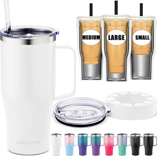 Universal Iced Coffee Sleeve with Handle - Insulated Double Wall Reusable Stainless Steel Holder Insulator for Cold Drinks Fits Small Medium Large To Go Cups Gifts for Men Women Him Her (White)