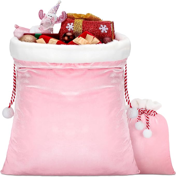 Shappy 2 Pieces Christmas Velvet Santa Bags with Drawstring in 2 Size Large Christmas Bags Santa Gift Sack for Xmas Playing Present Toy(Pink)