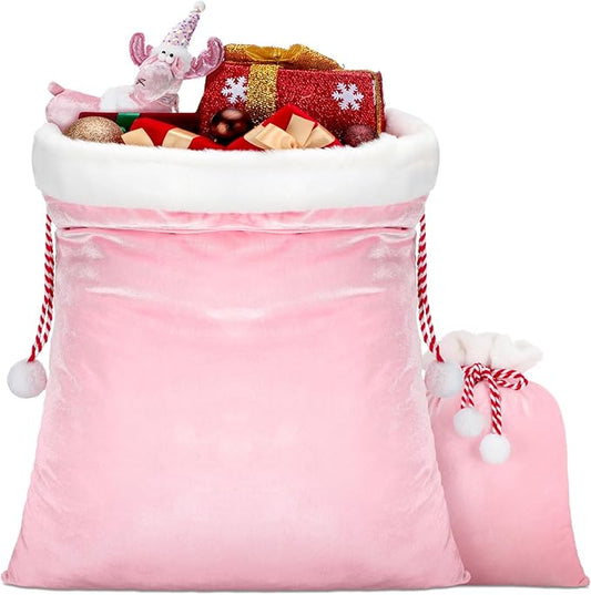 Shappy 2 Pieces Christmas Velvet Santa Bags with Drawstring in 2 Size Large Christmas Bags Santa Gift Sack for Xmas Playing Present Toy(Pink)