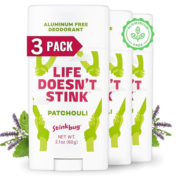 Stinkbug Naturals Organic Aluminum Free Deodorant Stick with Patchouli, Coconut Oil and Essential Oils, Paraben Free, Sensitive Skin Deodorant, 2.1 Ounces Pack of 3