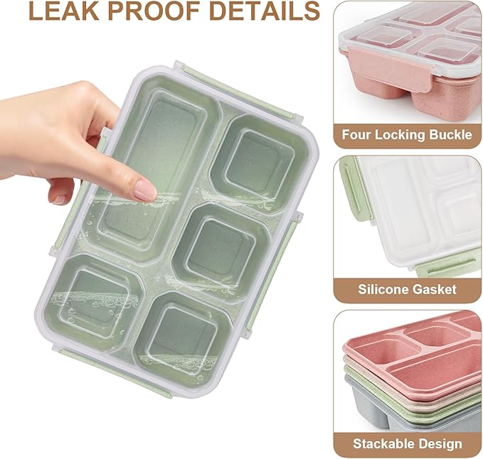 greenandlife 4 Pack Bento Lunch Box Set for Kids Adults, 5 Compartment Reusable Wheat Straw Meal Prep Food Storage Snack Containers, Microwave and Dishwasher Safe, INS