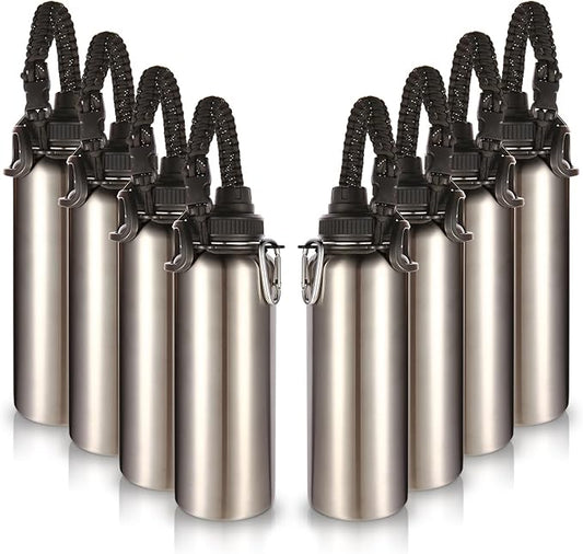 Volhoply Insulated Water Bottles Bulk 8 Pack, 40 oz Stainless Steel Sports Bottle with Paracord Handle & Spout Lid, Vacuum Metal Travel Water Cups with Wide Mouth,Reusable Large jug(Silver,8 Set)