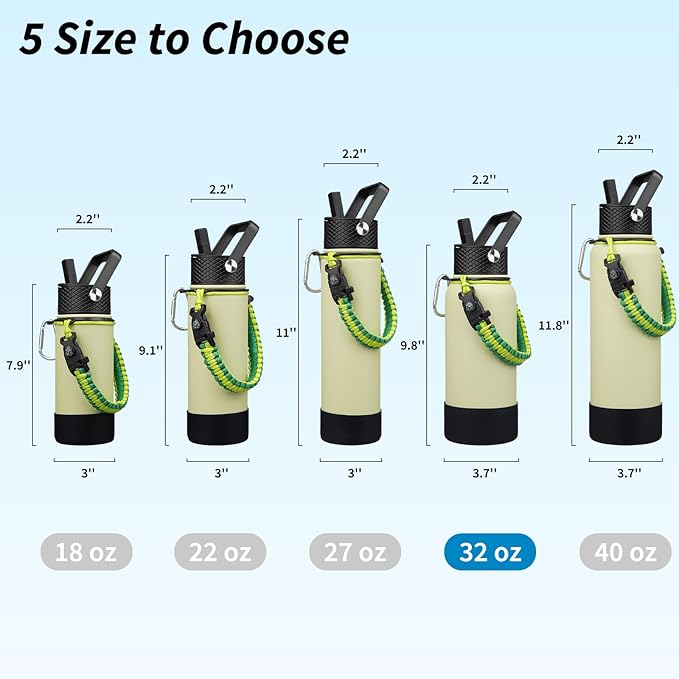 BJPKPK 32oz Insulated Water Bottles with 3 Lids, Paracord Handle & Non-slip Boot, Stainless Steel Metal Water Bottle,Reusable BPA Free Thermal Flasks,Macaron Green