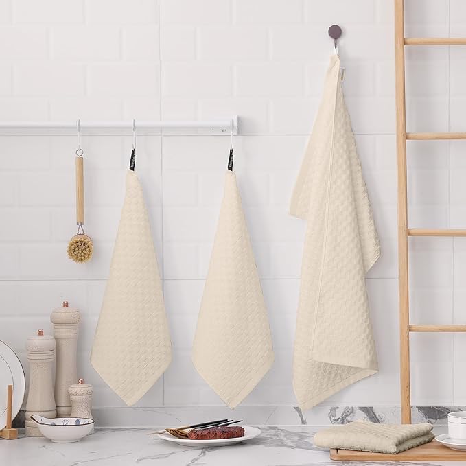 Fintale 100% Cotton Kitchen Towels and Dishcloths Set, 12 x 12 & 15 x 25 Inches, Set of 12 Bulk Super Soft and Absorbent Terry Cloth Dish Towels, Quick Drying Hand Towels with Hanging Loop, Beige