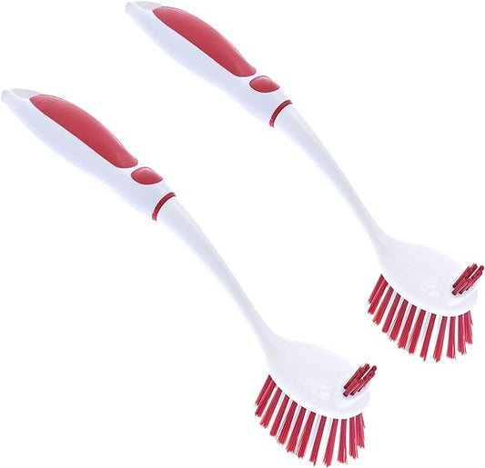 Superio Fruit and Vegetable Scrub Brush with Long Handle - Dish Cleaning Brush, Double Sided Scrubber, Non Scratch Kitchen Scrub Brush for Fruits/Potatoes/Veggies, Sinks, Bath (2, Red)