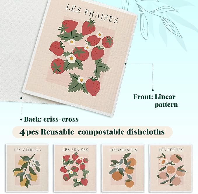 Swedish Dishcloths for Kitchen, Pink Strawberries Peach Citrons Oranges Swedish DishCloths for Friut, 4 Pack Dish Towels for Kitchen, Papaya Reusable Paper Towels Washable
