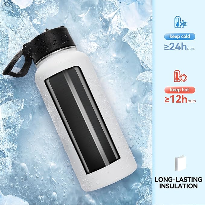 Neihepal 32 oz Insulated Water Bottle with 2 Lids (Straw & Spout Lid), 18/8 Stainless Steel Double Wall Water Bottles for Gym, Travel, Camping, Sports (White,1 Pack)
