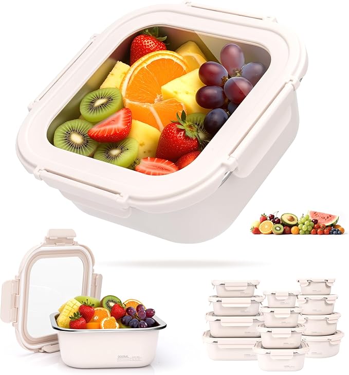30oz Stainless Steel Lunch Box With Leakproof Tempered Glass Lids Microwavable Stainless Steel Food Storage Containers Stackable Freezer Fruit Snack Meal Prep Metal Bento Box for Travel Picnic Square