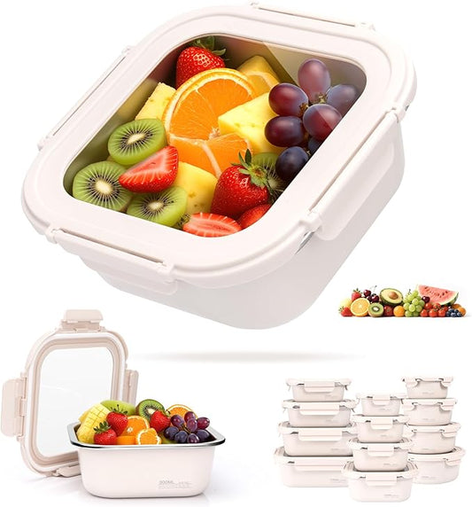 30oz Stainless Steel Lunch Box With Leakproof Tempered Glass Lids Microwavable Stainless Steel Food Storage Containers Stackable Freezer Fruit Snack Meal Prep Metal Bento Box for Travel Picnic Square
