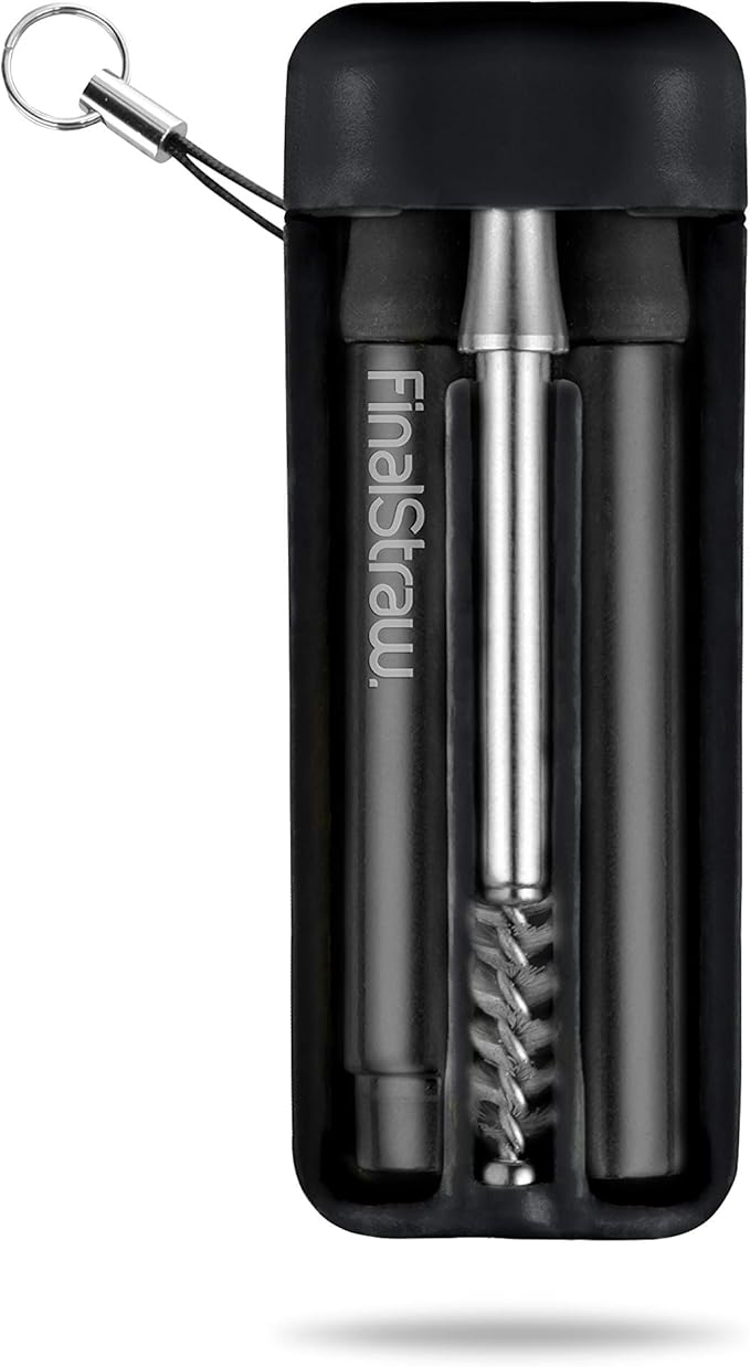 FinalStraw Collapsible, Reusable, Metal Straw | Travel Case, Cleaning Tool | Easy to Clean | Stainless Steel and 100% Silicon Tips | Eco-Friendly | Pirate's Booty Black Case, Black Stainless Steel
