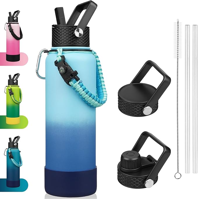 BJPKPK Insulated Water Bottles with Straw Lid, 40oz Large Water Bottle with 3 Lids, Paracord Handle & Non-slip Boot, BPA Free Stainless Steel Metal Jugs,Tumblers,Cups,Sky
