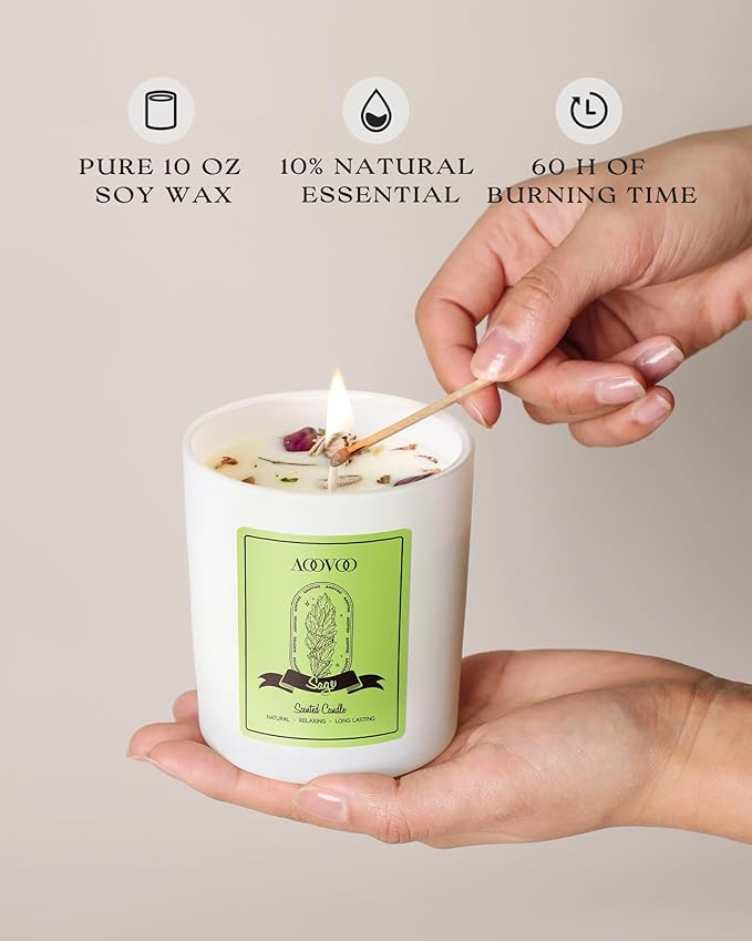 AOOVOO Sage Scented Candles for Women - Aromatherapy Candle with Crystals Inside, 10oz Soy Candles for Home Scented, Birthday Gifts Christmas Candle for Women Mom