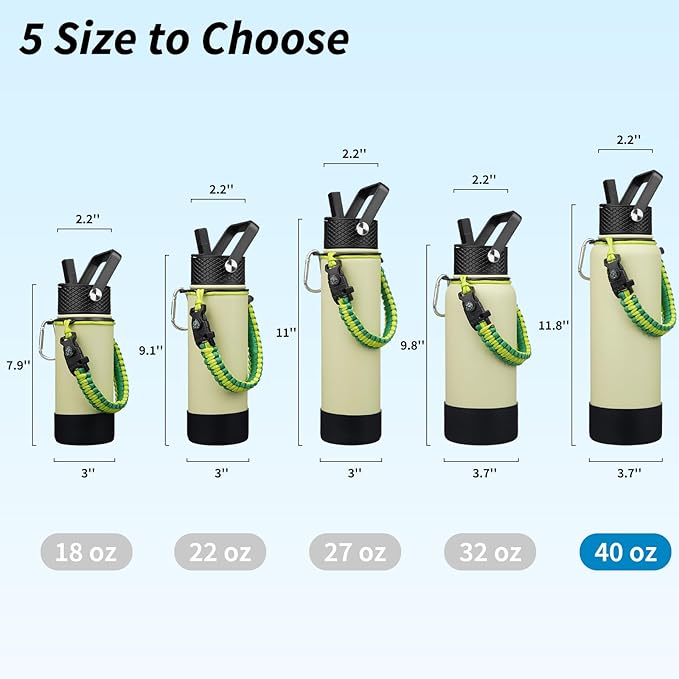 BJPKPK Insulated Water Bottle with Straw Lid, 40oz Large Thermal Flasks with 3 Lids, Paracord Handle & Non-slip Boot, BPA Free Leak Proof Stainless Steel Metal Water Bottles, Tumblers, Macaron Green