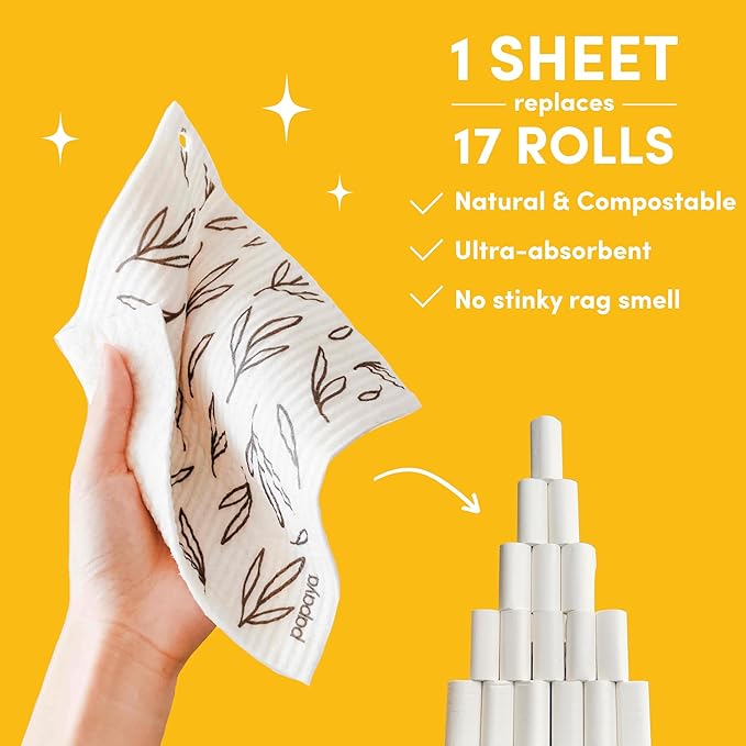 Papaya Reusable Paper Towels, Premium Swedish Dishcloths, Washable Reusable Dish Cloths, 1 Sheet Replaces 17 Rolls, Eco Friendly Stocking Stuffer - 4 Sheets, 2 Hooks