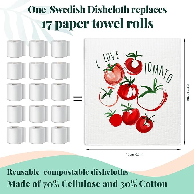 Swedish Dishcloths for Kitchen, Swedish Dish Cleaning Cloths for Vegetable, Beet Chili Tomato Peas，Papaya Reusable Paper Towels, 4 Pack Dish Towels for Kitchen, Reusable Dishcloths Washable