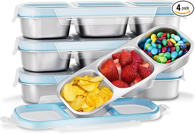 Stainless Steel Snack Containers for Kids Adults, 4 Pack 3 Compartment Metal Snack Containers Box with Lid, Reusable Food Storage Container, Leak Proof, Grab and Go, Blue