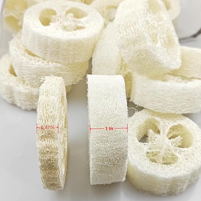 25PCS Natural Loofah Slices, Reusable Natural Loofah Cuts for Cleaner Sponge Scrubber, Facial Soap Holder and DIY Customize Soap Tools with 1 Storage Bag (Diameter 2In, Thick 1In)
