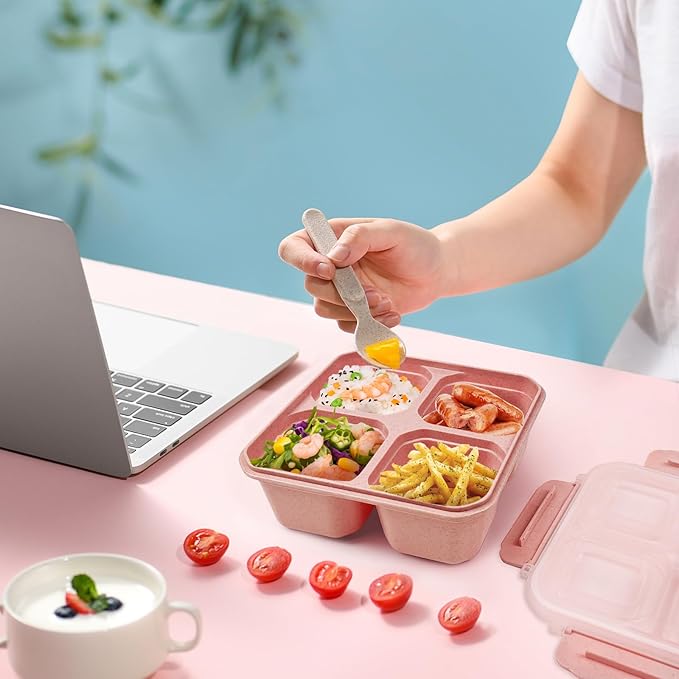 greenandlife 4 Pack Bento Lunch Box Set for Kids Adults, 4 Compartment Reusable Wheat Straw Meal Prep Food Storage Snack Containers, Stackable Snack box, Microwave and Dishwasher Safe, INS