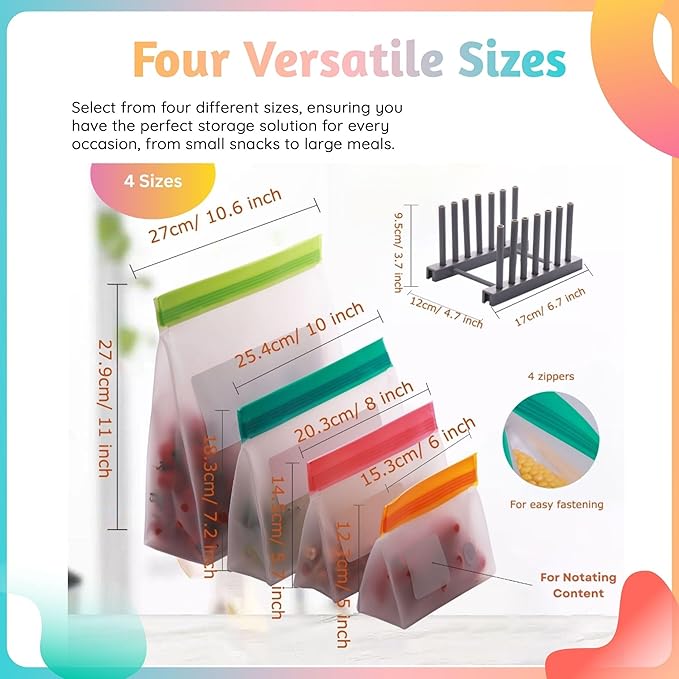 Reusable Food Storage Bags – 6-Pack Stand-Up, BPA-Free, Freezer, Dishwasher Safe & Eco-Friendly – 6 Gallon Bags – Airtight Leakproof, Organization and Storage Baggies (Multicolor (Green))