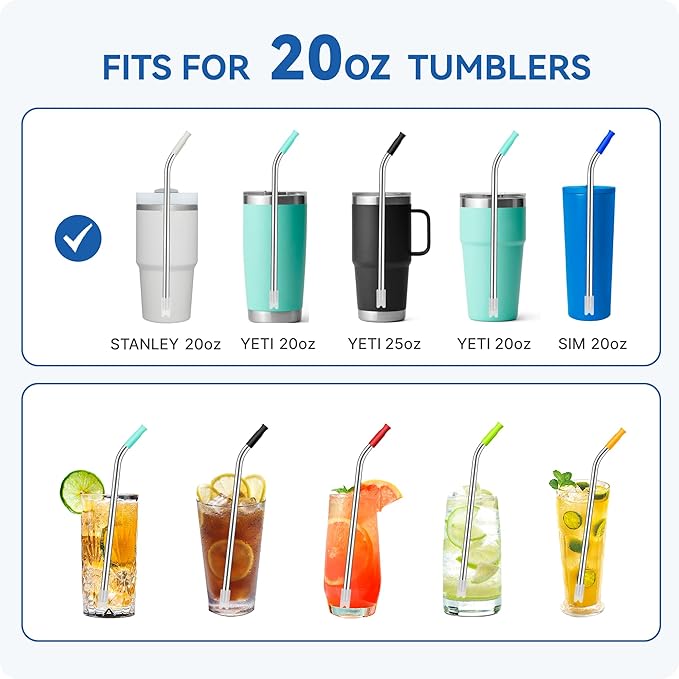 Reusable Metal Straws with Silicone Tip for Stanley 20oz,Stainless Steel Drinking Straws for 20oz Tumbler,3 Bent Tubes & 6 Tips& 1 Cleanr Brush(Transparent)