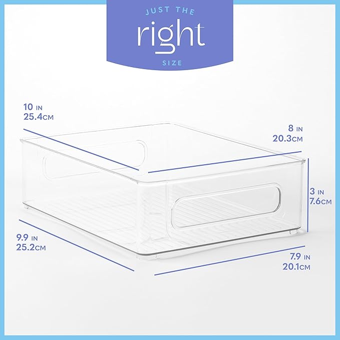 primebox Plastic Food Storage 4 Pack Clear Container Bin with Handles for Organizing Kitchen, Pantry, Refrigerator, Freezer, Pantry, Cabinet, Closet, Bathroom. Stackable 10”x8”x3”