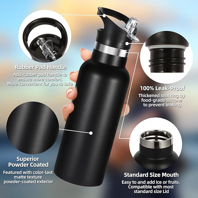 Volhoply 17oz Insulated Water Bottle Bulk 2 Pack,Stainless Steel Kids Water Bottles with Straw Lid,Double Wall Vacuum Metal Cups Water Bottle,Reusable Sports School Flask Keep Cold (Black,2 Set)