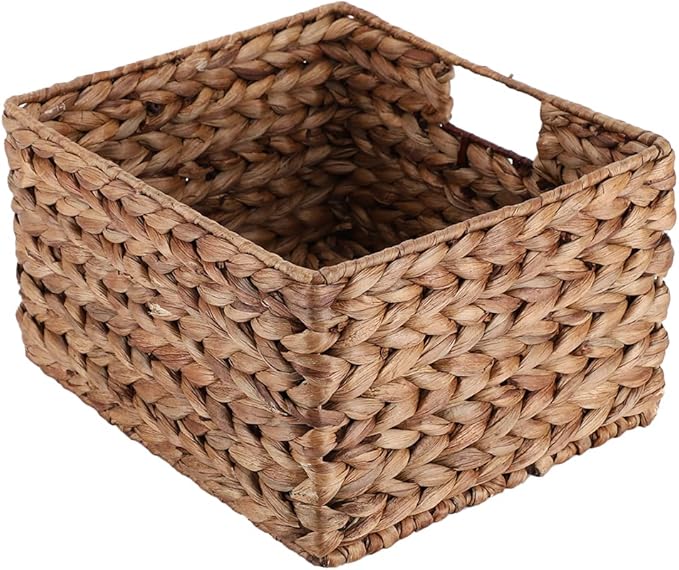 JJSQ Water Hyacinth Woven Storage Basket, Wicker Organizer for Shelves, Pantry, Small Rectangle Decorative Basket, 1-Pack, 11.4" x 9.8" x 6.9"