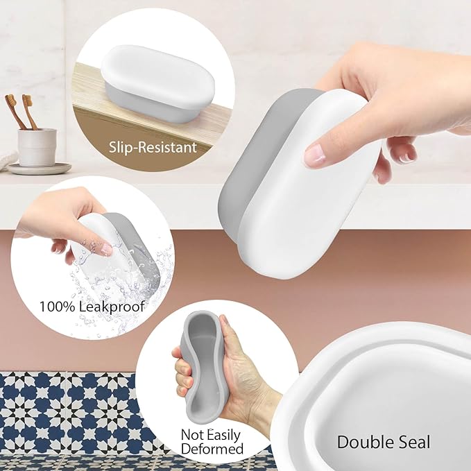 Leakproof Silicone Travel Soap Case with Drainage Layer, Silicone Bar Soap Holder Compact Portable Shatterproof Soap Container Box for Bathroom Gym Camp Travel Toiletries (Gray, Clear Lid)