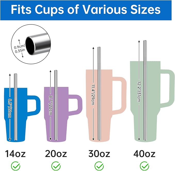 NiHome 8PCS Stainless Steel Straws for Stanley 40oz 30oz 20oz 14oz Tumblers, 4 Lengths Reusable Drinking Straws with Cleaning Brushes and Pouch, 9mm Wide Straws for Boba, Smoothie, Dishwasher Safe