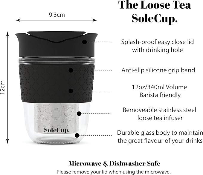 Travel Mug Loose Tea Infuser - Detachable Tea Strainer with Spillproof Lid - BPA-Free Reusable Glass Travel Coffee Cup with Silicone Band (Black, 12oz)
