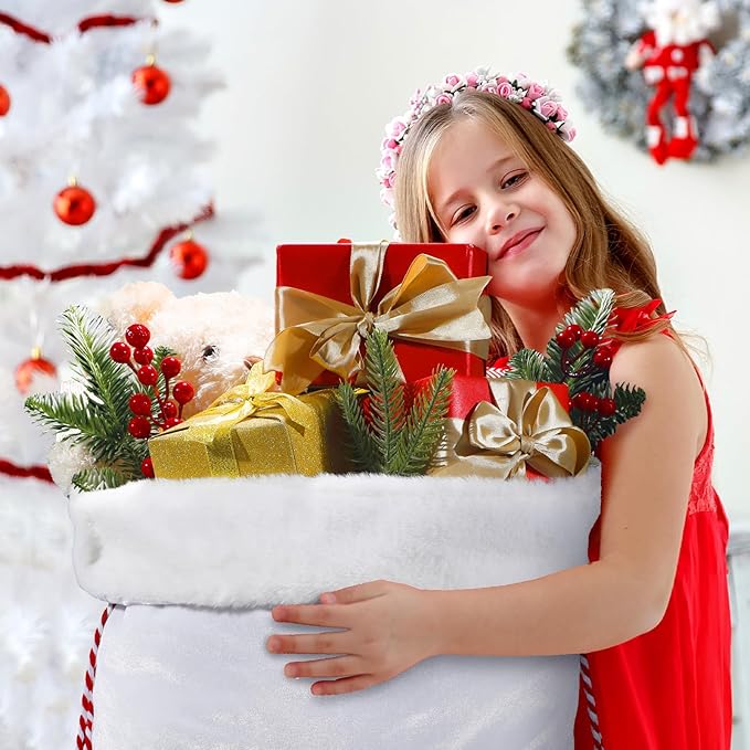 Shappy 2 Pieces Christmas Velvet Santa Bags with Drawstring in 2 Size Large Christmas Bags Santa Gift Sack for Xmas Playing Present Toy(White)