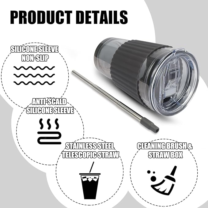 Black Glass Cups with Lid and Straw, 16 oz Glass Coffee Cup,Reusable with Temperature Sensitive Silicone Sleeve and Silicone Straw .Travel Iced Coffee Cup for Juice, Milk Tea and Smoothie(single pack)