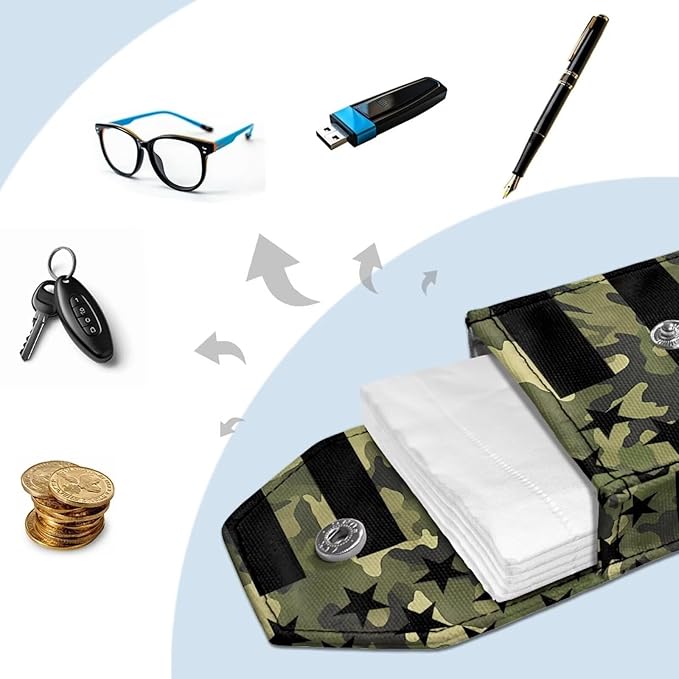 Purse Tissue Packs Tissue Holder with Hanging Rope Portable Pocket Tissue Holder Snap Button Enclosed Travel Tissue Packs for Coins Camo American Flag