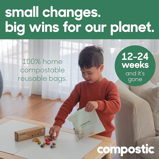 Compostic Home Compostable Resealable Gallon Bags (10.5"x10.5"), Microwave & Freezer Safe, Organic Food Storage Container, 60 Count