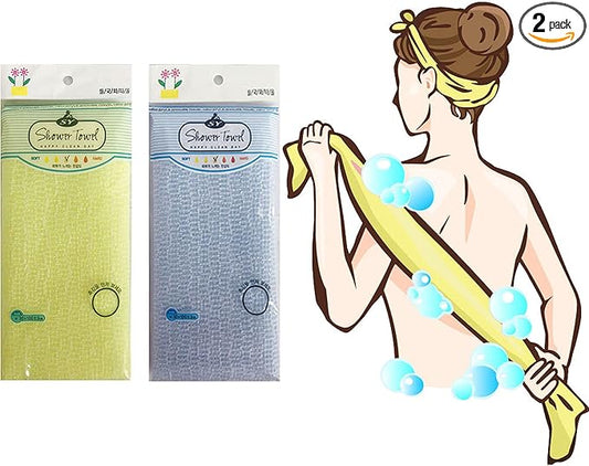 Premium Exfoliating Washcloth Towe l(2 Color-Yellow Blue) Korean Loofah Bath Sponge Long Back Scrubber African Bath Sponge African Long Net for Shower/It Becomes Softer as You use.by NOPIGO