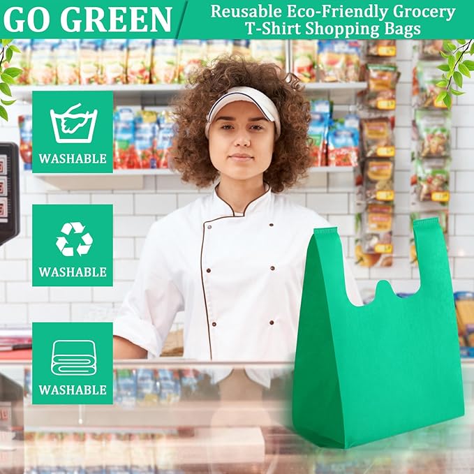 Windyun Reusable Grocery T Shirt Bags Bulk Small Non Woven Shopping Bag 10 x 18 x 5 Inch Foldable Tote with Handle Party Gift