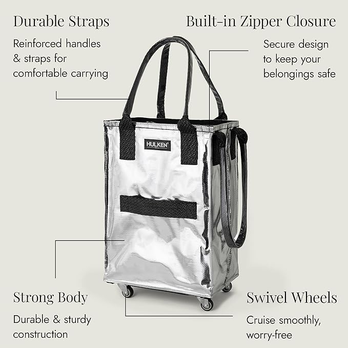 HULKEN (Small, Silver) Reusable Grocery Bag On Wheels, Shopping Trolley, Rolling Tote, Zipper Closure, Lightweight, Carries Up to 66 lb, Folds Flat