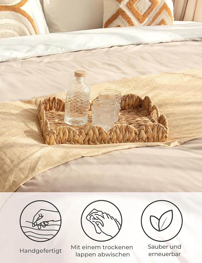 StorageWorks Rectangle Wicker Scalloped Tray, Rattan Serving Trays with Handles, Water Hyacinth Basket for Decorative & Organizing, 15.75" L x 11.5" W x 2.75" H