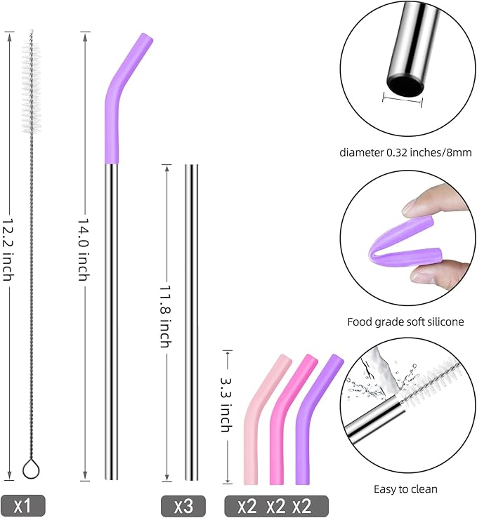 Set of 3 Stainless Steel Straws for 40 Oz Tumbler,For Stanley 40 Oz Tumbler, Reusable Metal Straw with 6 Silicone Tips and 1 Straw Cleaning Brush (Light Pink, Pink, Purple, 40 oz)