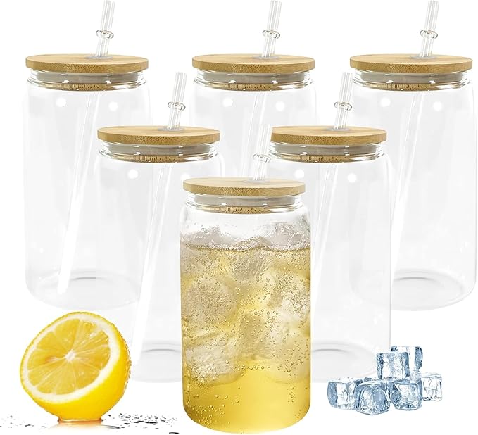 AGH 16OZ Sublimation Glass Cups with Bamboo Lids and Straws,12 Pack Drinking Glasses with lids,Clear Can Shape Beer Cup for Iced Coffee, Whiskey, Soda, Milk Juice